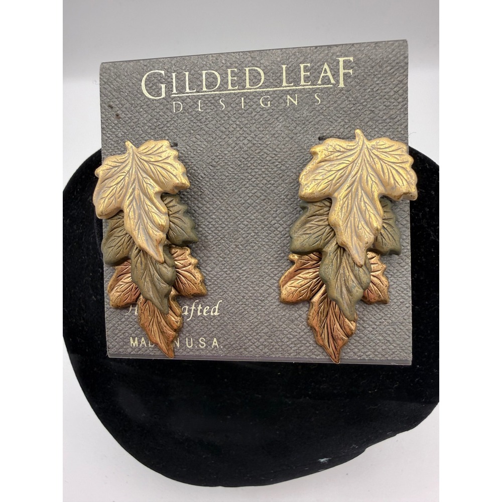 Gilded Leaf Designs Tri Tone Metallic Leaf Clip On Earrings Handcrafted USA